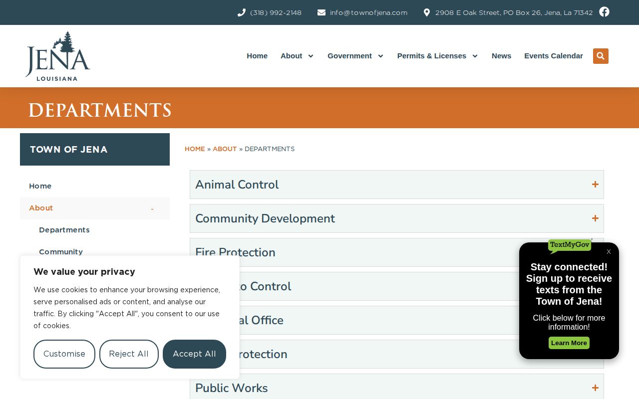 Town of Jena departments page showing Jena Police contact information